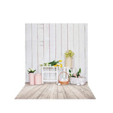 Allenjoy White Wood Wall Easter Eggs Vase Basket Background