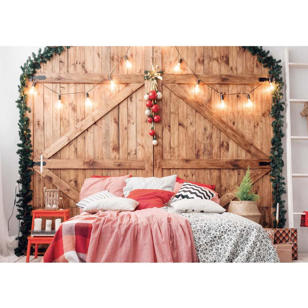 Allenjoy Christmas Backdrop Rustic Wood Headborad with Lights for Family - Allenjoystudio