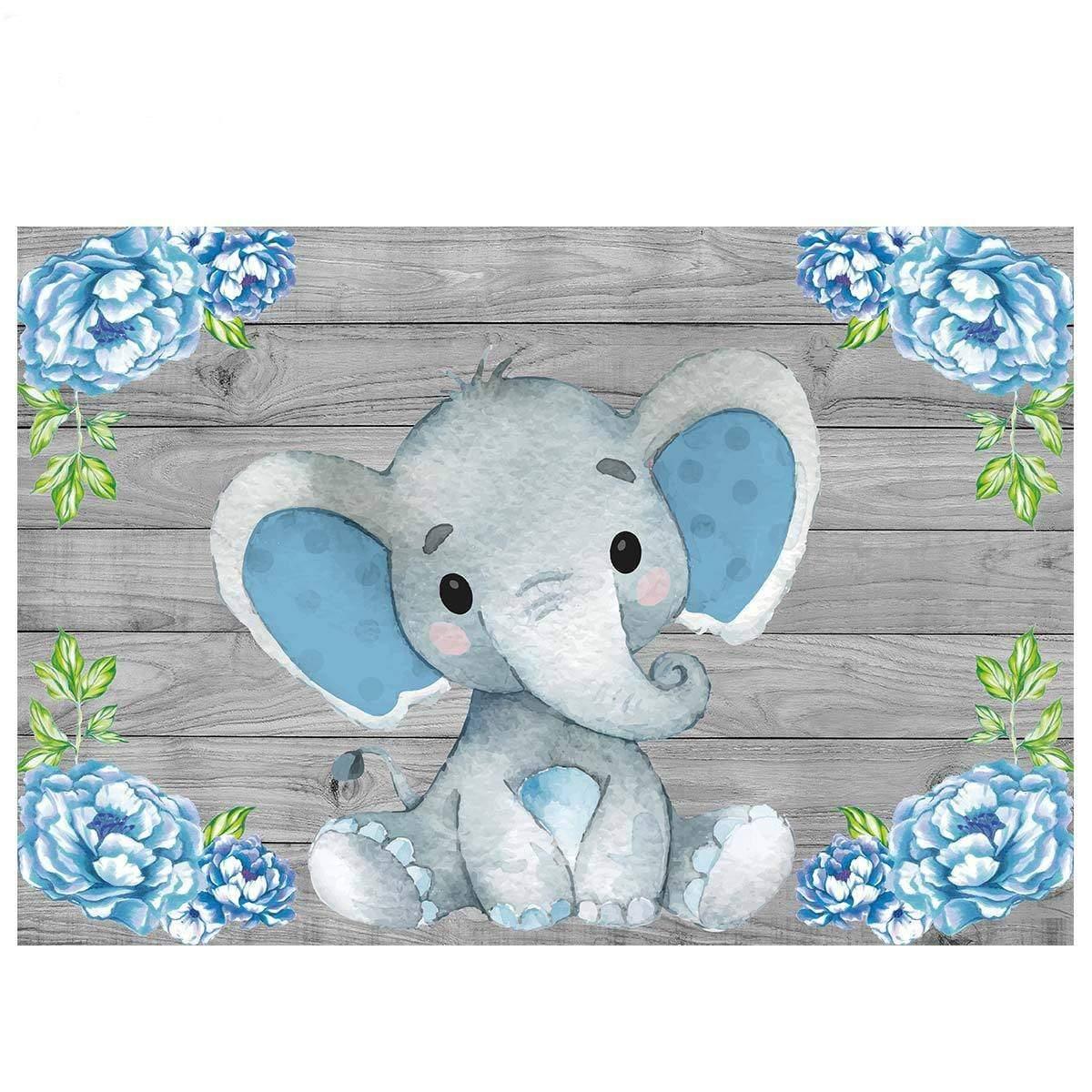 Allenjoy Blue Elephant Floral Wood Backdrop for Baby Shower - Allenjoystudio