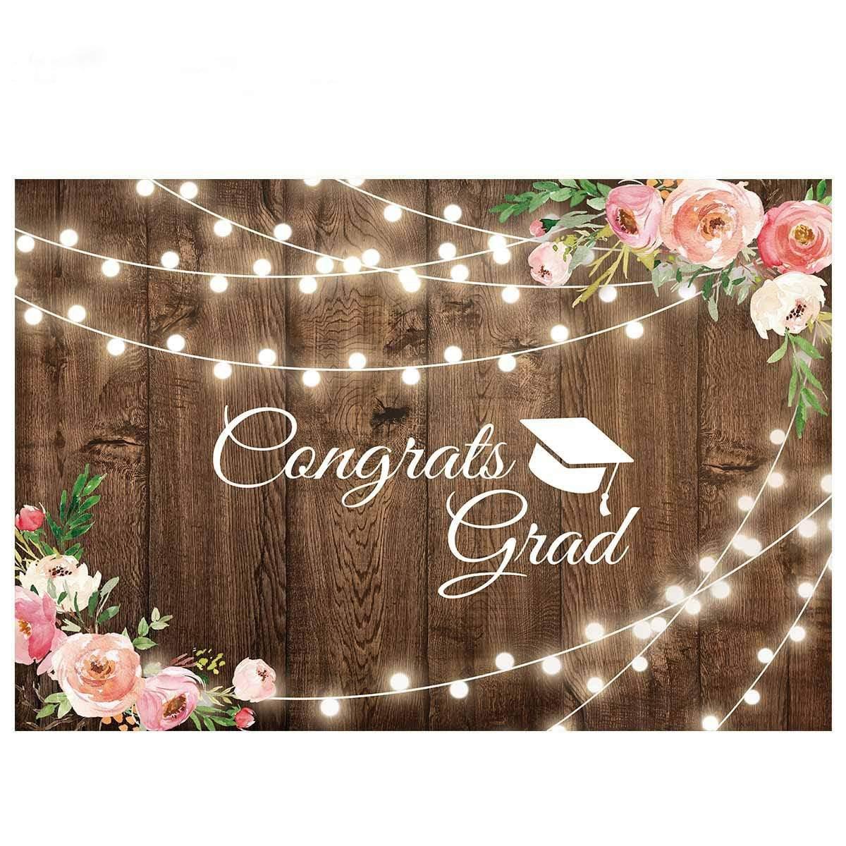 Allenjoy Graduation Wooden Backdrop with Pink Flower Lights Decor - Allenjoystudio