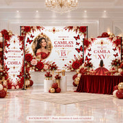 Personalized Quinceañera Rose Party Backdrop – Red Floral Fabric Backdrop (Backdrop Only)