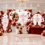 Personalized Quinceañera Rose Party Backdrop – Red Floral Fabric Backdrop (Backdrop Only)