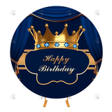 Allenjoy Blue Gold Tiara Happy Birthday Circle Backdrop Cover