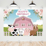 Allenjoy Pink Farm Theme Happy Birthday Backdrop