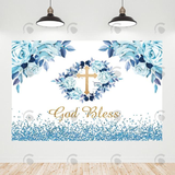 Allenjoy Blue Glitter Flora God Bless Baby Shower Backdrop