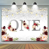 Allenjoy 1St Burgundy Floral Glitter Silver First Birthday Backdrop