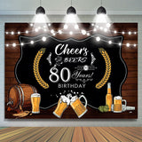 Allenjoy 80Th Cheers Beers Wood Barrel Birthday Backdrop