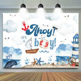 Allenjoy Ahoy Boy Sailboat Lighthouse Baby Shower Backdrop