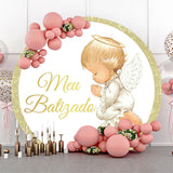 Allenjoy Angel Gold White Round Baby Shower Backdrop Cover