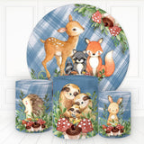 Allenjoy Animals And Mushroon Blue Plaid Round Birthday Backdrop Kit