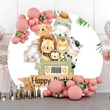 Allenjoy Animals Car Safari Leaves Round Birthday Backdrop