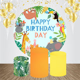 Allenjoy Animals Green Leaves Round Birthday Backdrop Kit