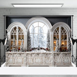 Allenjoy Arch Windows Cabinet Snow Tree Christmas Backdrop