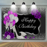 Allenjoy Ballon And Floral Sliver Glitter Birthday Backdrop