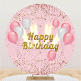 Allenjoy Ballons And Gold Glitter Pink Round Happy Birthday Backdrop