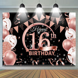 Allenjoy Balloons Pink Sparkling Black 16Th Birthday Backdrop