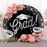 Allenjoy Black And Silver Lines Happy Graduation Round Backdrop