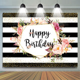 Allenjoy Black And White Stripe And Floral Birthday Backdrop