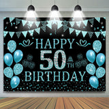 Allenjoy Black Cyan Balloons Glitter 50Th Birthday Backdrop