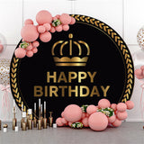 Allenjoy Black Gold Crown Circle Happy Birthday Backdrop For Party