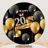 Allenjoy Black Gold Glitter Balloons Round 20Th Birthday Backdrop