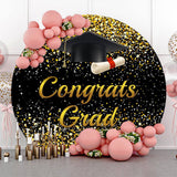 Allenjoy Black Gold Glitter Cap Circle Graduation Backdrop