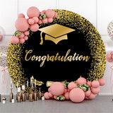 Allenjoy Black Gold Glitter Cap Round Graduation Backdrop