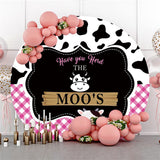 Allenjoy Black White Cow Pink Lattice Birthday Round Backdrop