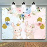 Allenjoy Blue And Pink Floral Ballon Rabbit Baby Shower Backdrop