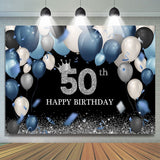 Allenjoy Blue Balloon 50Th Birthday Glitter Black Backdrop