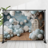 Allenjoy Blue Balloons White Velvet Flower Birthday Backdrop