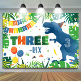 Allenjoy Blue Dinosaur Forest Three Happy Birthday Backdrop