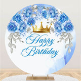 Allenjoy Blue Floral And Crown Round Happy Birthday Backdrop