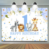 Allenjoy Blue Floral Animals Safari 1St Birthday Backdrop