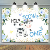 Allenjoy Blue Floral Holy Cow Happy 1St Birthday Backdrop