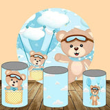 Allenjoy Blue Hot Ballon And Bear Round Baby Shower Backdrop Kit