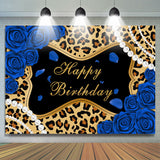 Allenjoy Blue Roses Leopard Glitter Happy Birthday Backdrop