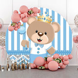 Allenjoy Blue Stripes Bear Birthday Round Backdrop Cover