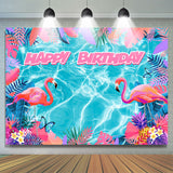 Allenjoy Blue Water Pink Flamingo Monstera Birthday Backdrop