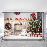 Allenjoy Brick Fireplace Bear Gifts Christmas Tree Backdrops