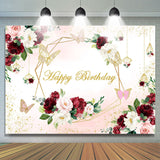 Allenjoy Burgundy And Pink Flower Butterfly Birthday Backdrop