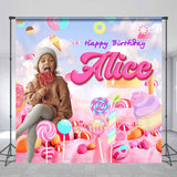 Allenjoy Candyland Sweet Pink Personalized Birthday Backdrop