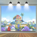 Allenjoy Cartoon Blue Sky Harmonious Town Birthday Backdrop