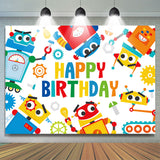 Allenjoy Cartoon Colorful Robots Happy Birthday Backdrop