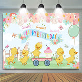 Allenjoy Cartoon Floral Yellow Duck Happy Birthday Backdrop