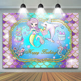 Allenjoy Cartoon Mermaid Dolphin Happy Birthday Backdrop