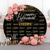 Allenjoy Cheers Gold Glitter Black Circle Retirement Backdrop