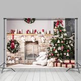 Allenjoy Christmas Tree Brick Fireplace Bear Wreath Backdrop