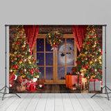 Allenjoy Christmas Wreath And Trees Beside Window Backdrop