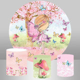 Allenjoy Circle Pink Tree Butterfly Happy Birthday Backdrop